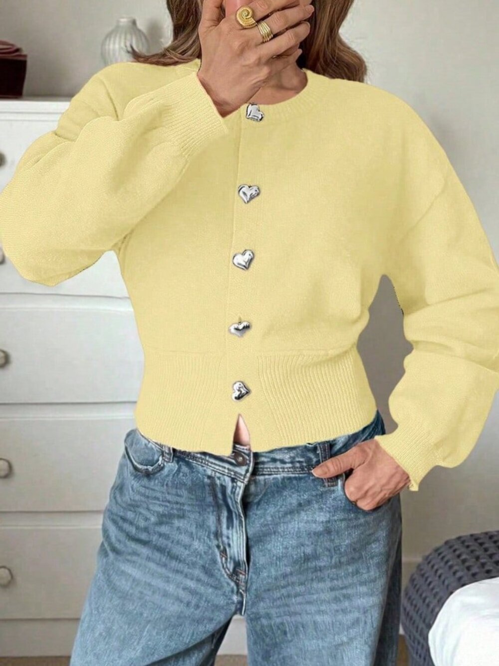 Yellow Casual Women's Y2k Rib Knit Heart Button Long Sleeve Sweater - Picture 6 of 7